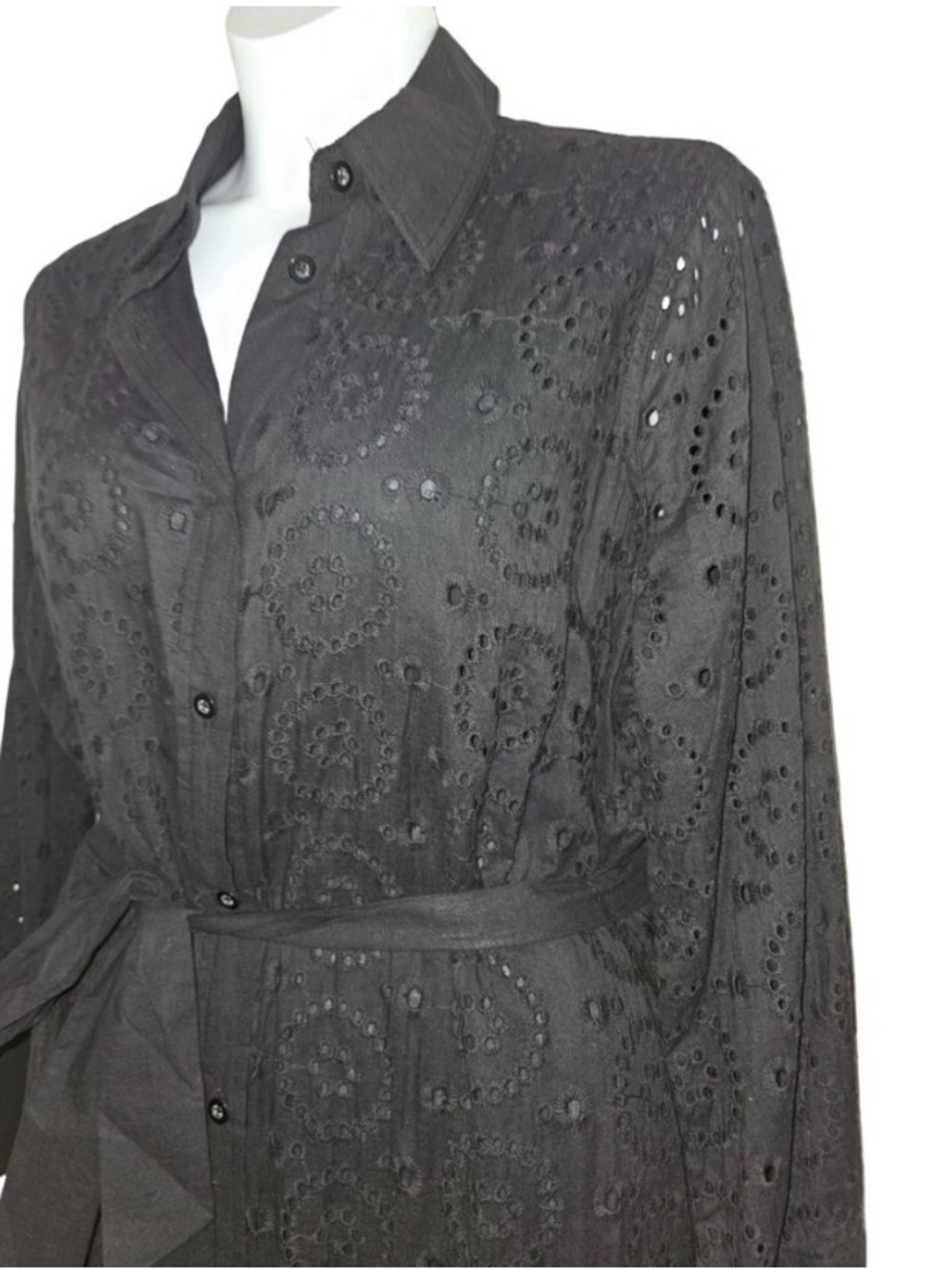 Black Eyelet Shirt Dress with Waist Tie - Picture 4 of 4